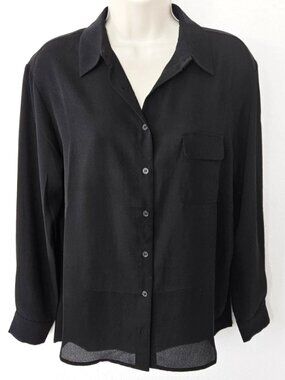 Pleione Black L Sleeve Button-Up Blouse Size XS Collar Relaxed Fit Lightweight